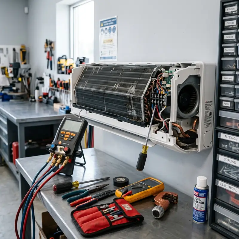 Professional mini split technicians in Delaware equipped for ductless AC repair and installation.